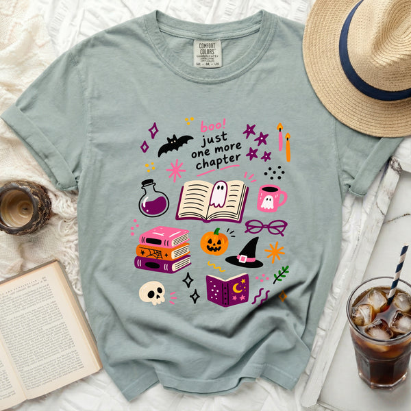 Cozy Chapter Halloween Tee in Bay