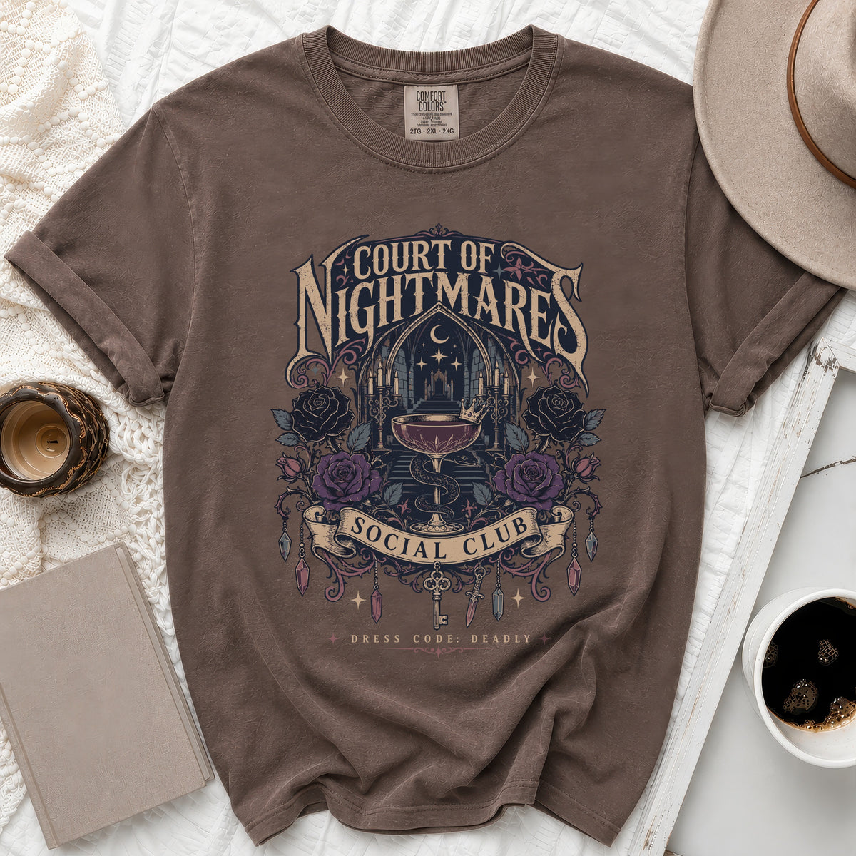 Brown t-shirt with "Court of Nightmares Social Club" graphic and "Dress Code: Deadly."