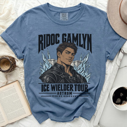 Blue t-shirt with graphic: Ridoc Gamlyn Ice Wielder Tour, Aotrom, Riders Quadrant.
