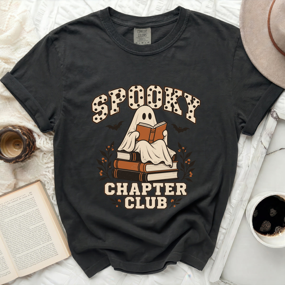 Dark gray t-shirt with "SPOOKY CHAPTER CLUB" text and a ghost reading.