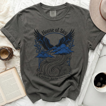 Dark gray t-shirt with "House of Sky" wings, clouds, and text.