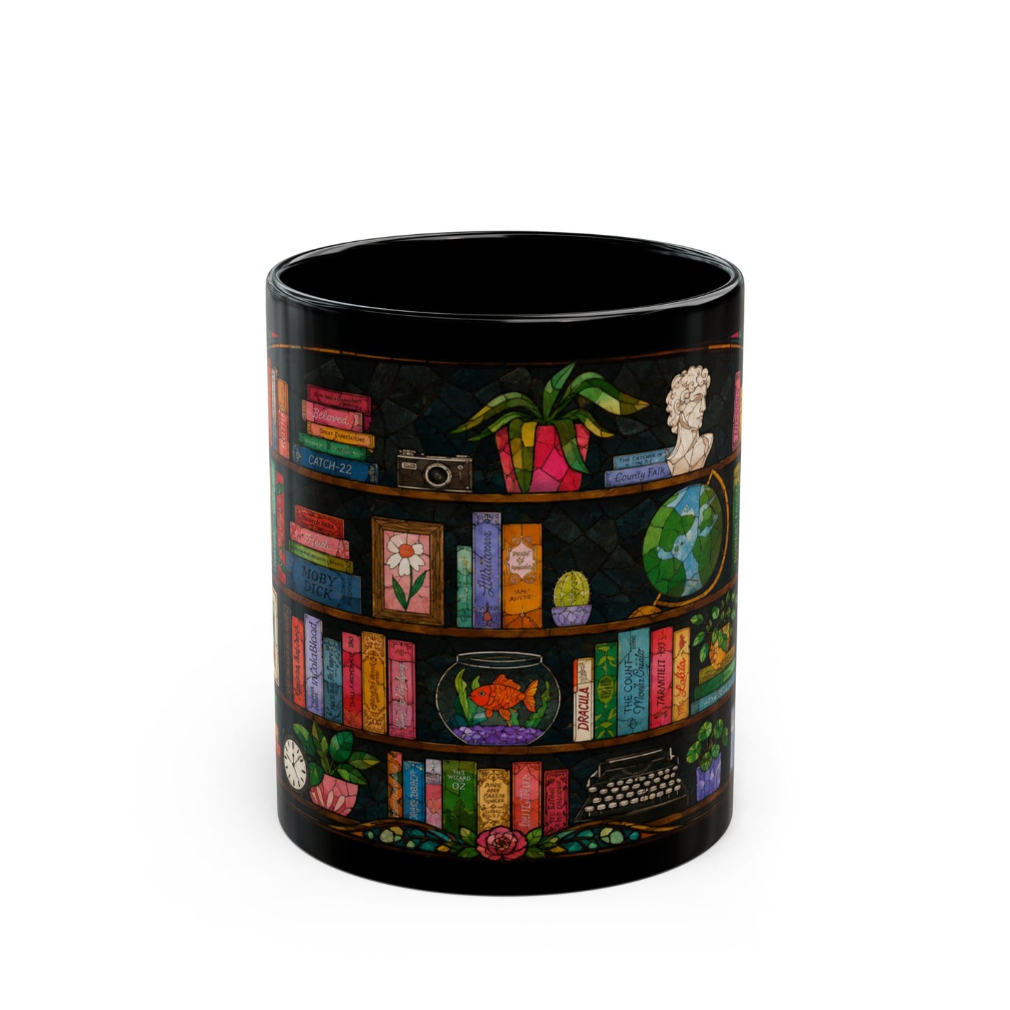 Black mug with stained glass art of bookshelves, books, a goldfish, and a typewriter.