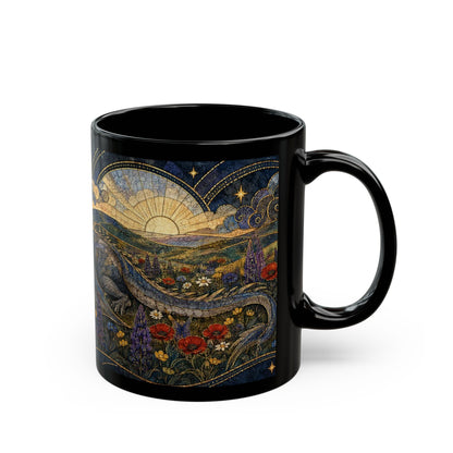 Black ceramic mug featuring a stained glass-style dragon resting in a colorful meadow under a sunset.