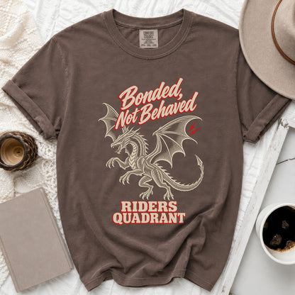 Brown t-shirt with dragon graphic and text "Bonded, Not Behaved Riders Quadrant".