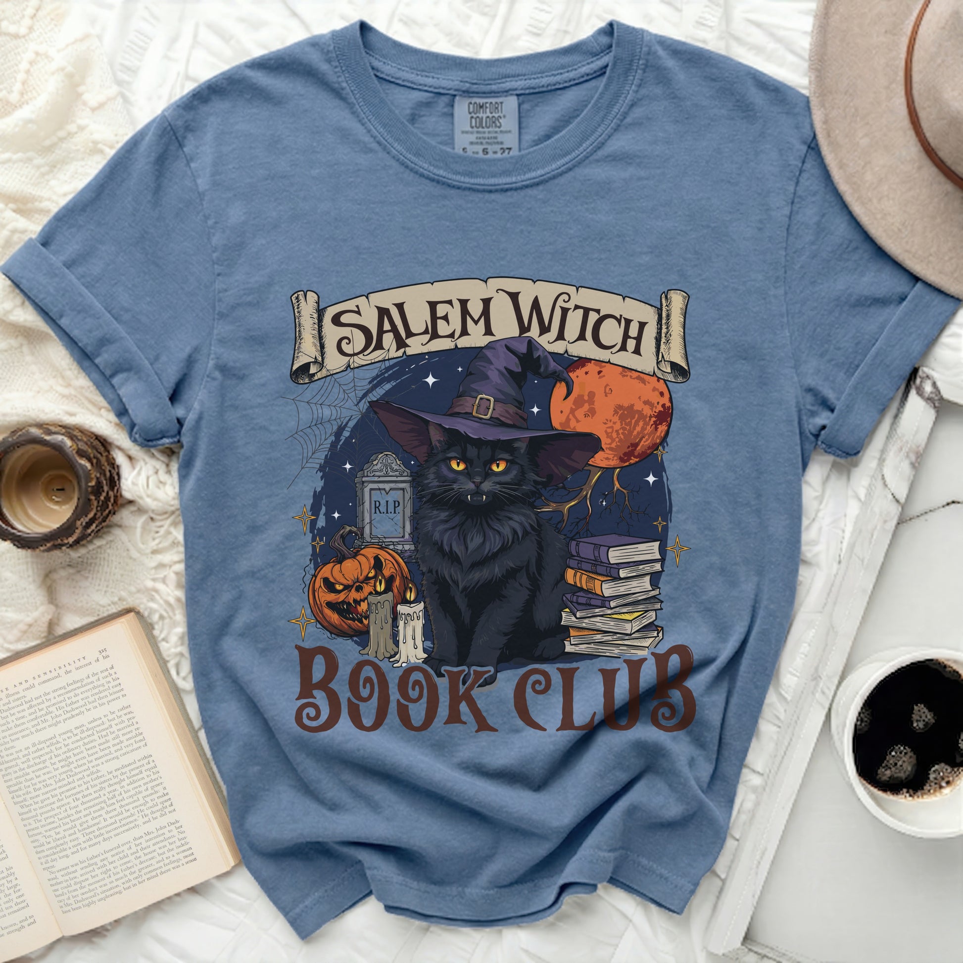 Salem Witch Book Club graphic with black cat and pumpkin.