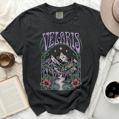 Charcoal t-shirt with purple "Velaris" text over a fantasy castle and mountains scene.