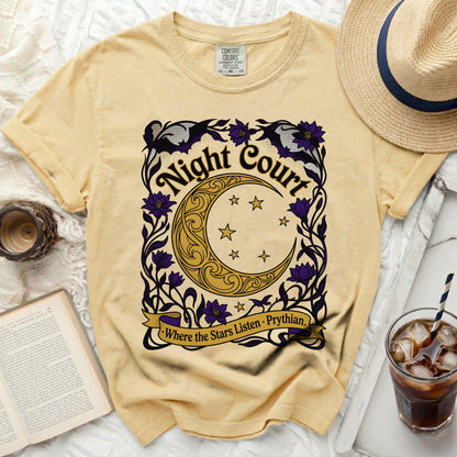 Yellow t-shirt with "Night Court Where the Stars Listen Prythian" graphic.