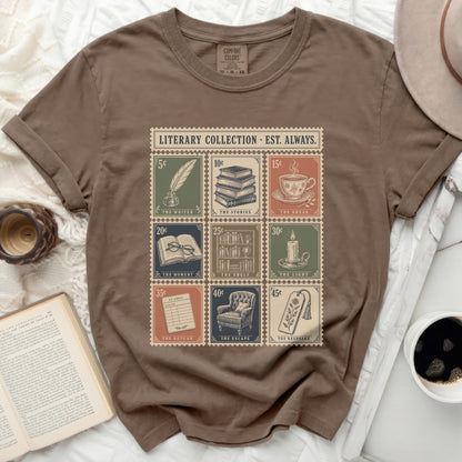T-shirt featuring a literary collection stamp design with book and reading motifs.