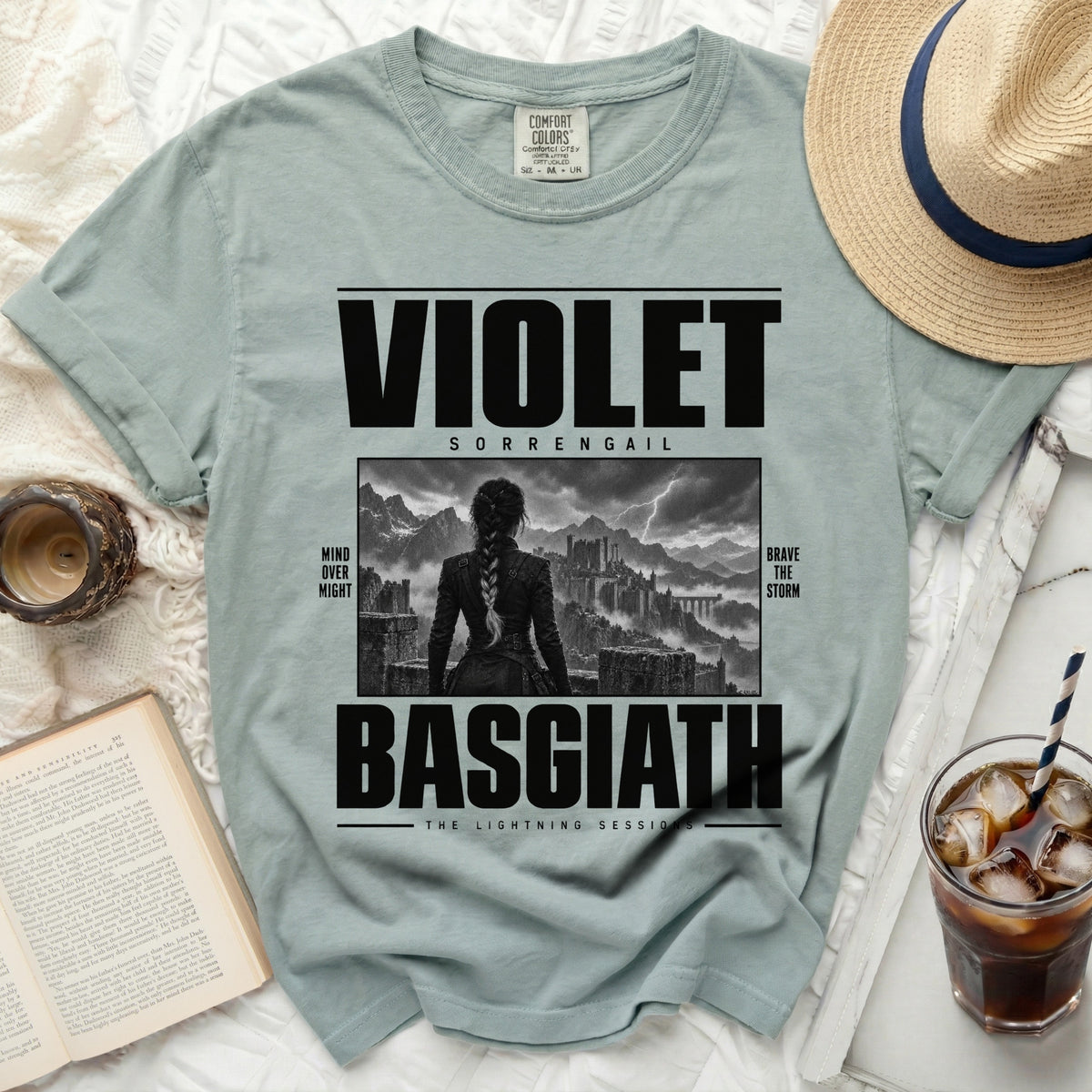 Comfort Colors t-shirt with "Violet Sorrengail Basgiath" and a castle scene.