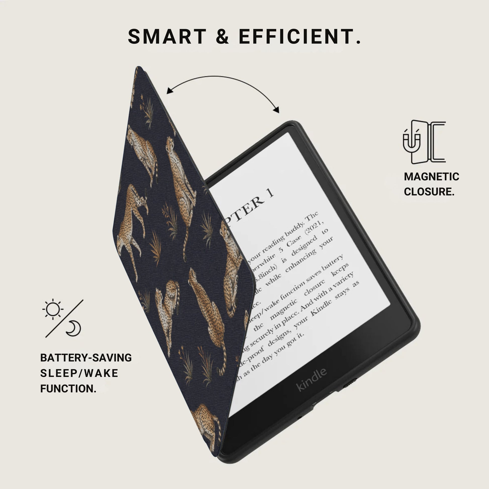 Kindle case with cheetah print, magnetic closure, and sleep/wake function.