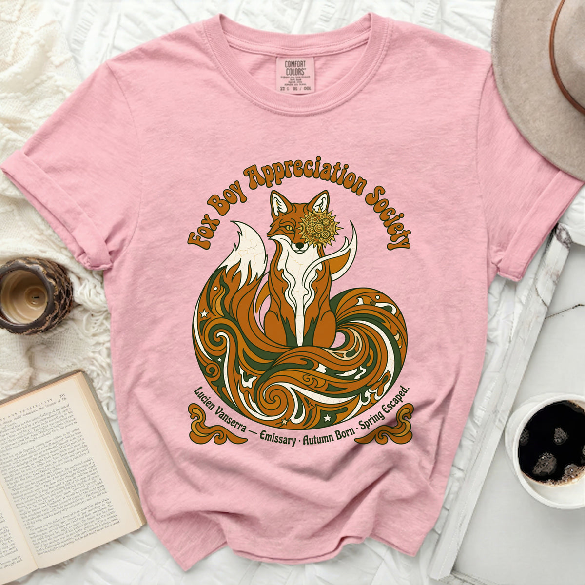 Pink t-shirt with a "Fox Boy Appreciation Society" graphic featuring a stylized fox and ornate design.