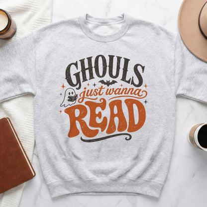 Light grey sweatshirt with Halloween graphic: "Ghouls just wanna READ".