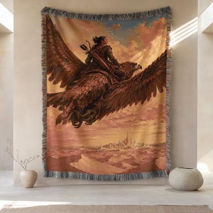 a large tapestry hanging on a wall, depicting a person riding a winged creature, possibly a dragon or a mythical bird. The tapestry is surrounded by a decorative border, and there are two small vases placed on either side of the tapestry.