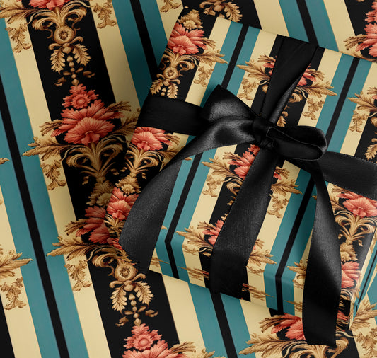 Elegant Gift Wrap with Floral and Striped Design