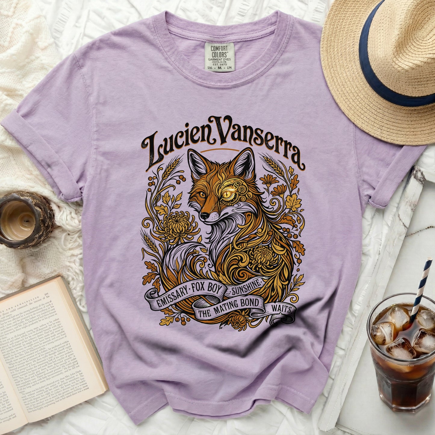 Purple comfort colors t-shirt with fox graphic and text "Lucien Vanserra".