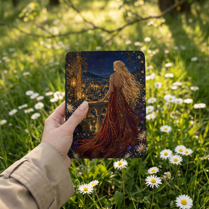 Tapestry tapestry with a princess in a red dress looking over a sparkling city at night.
