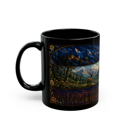 Black mug with stained glass art panels depicting mountains, forest, deer, and city skyline.