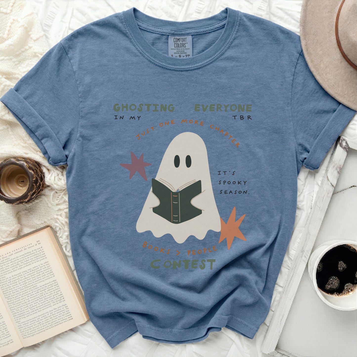 Ghosting everyone tbr t-shirt with a reading ghost graphic.