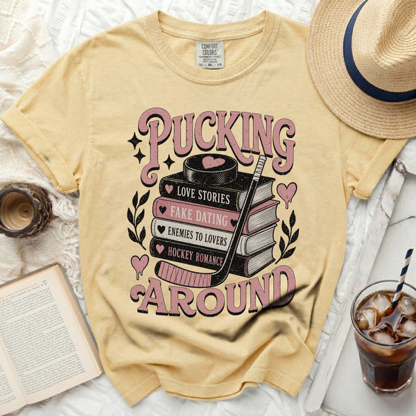 Pucking Around Hockey Romance Tee in Butter
