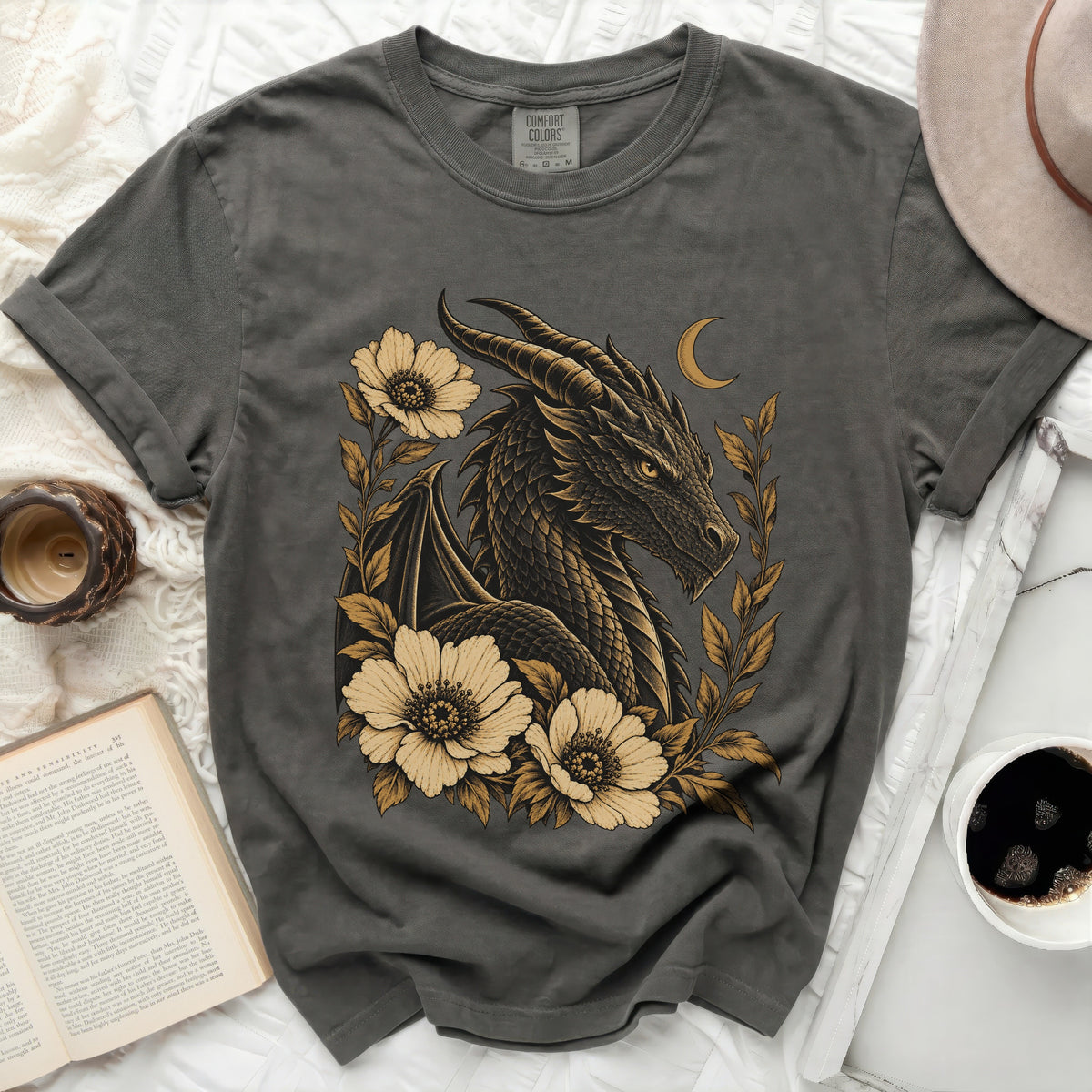 Dark gray t-shirt with a dragon and floral design, crescent moon.