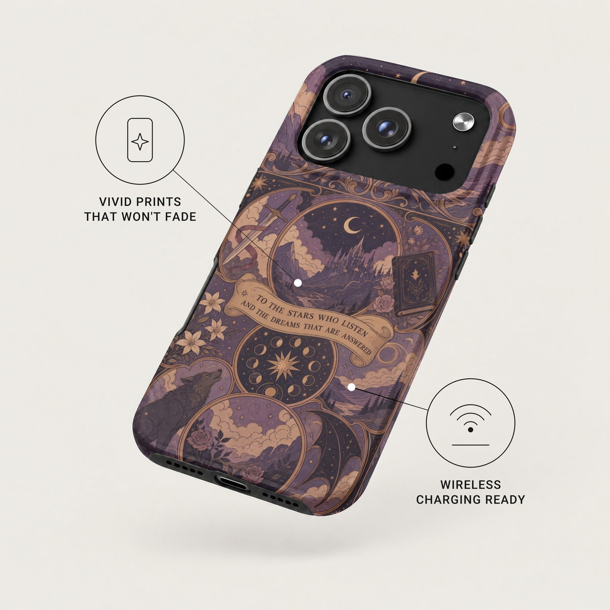 Purple phone case with fantasy art featuring a castle, wolf, and quote, with feature callouts.