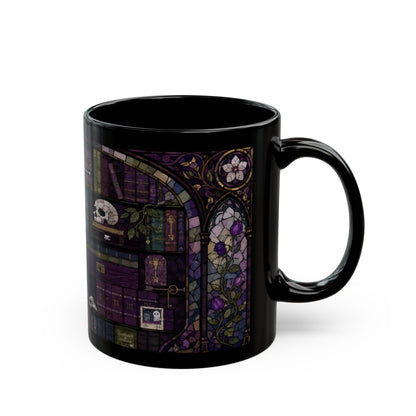 Black mug with a stained-glass design of books, skulls, keys, and roses.