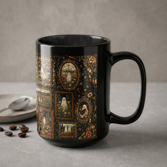 Black mug with a stained-glass pattern of ghosts and floral motifs.