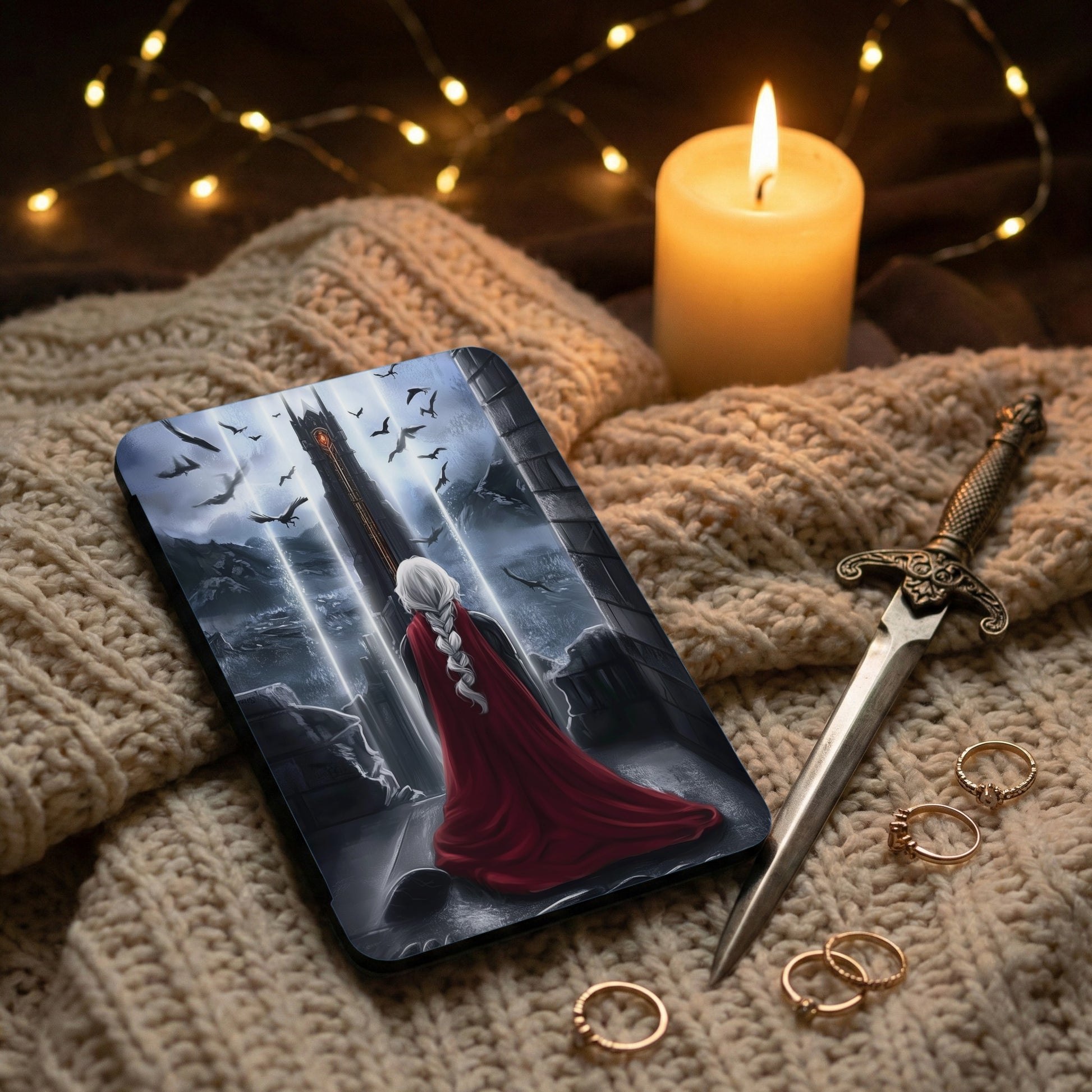 Mystic Fantasy White Haired Figure Dark Tower Flying Crows product type