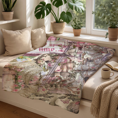 Blanket with knight in armor, sword, and floral design with pink text "upon a time."