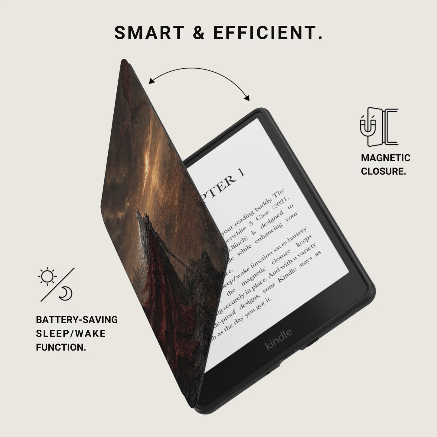 Kindle e-reader in a case with magnetic closure, sleep/wake function.