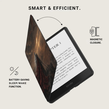 Kindle e-reader in a case with magnetic closure, sleep/wake function.