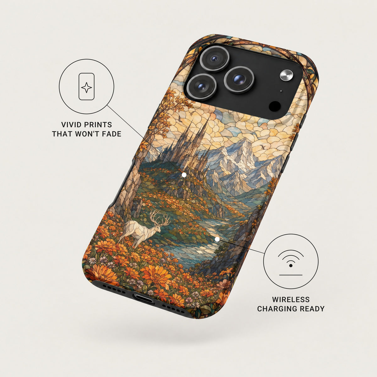 Phone case featuring a stained-glass style fantasy landscape with a castle, mountains, river, and white stag.