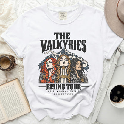 White t-shirt with "THE VALKYRIES RISING TOUR" and names Nesta, Gwyn, Emerie, House of Wind.