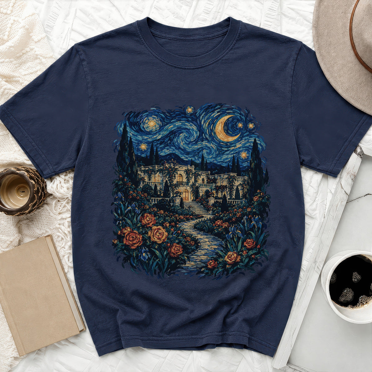 Navy t-shirt with a starry night landscape and a villa over a rose garden design.