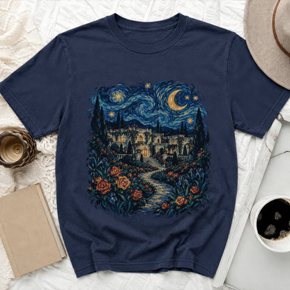 Navy t-shirt with a starry night landscape and a villa over a rose garden design.