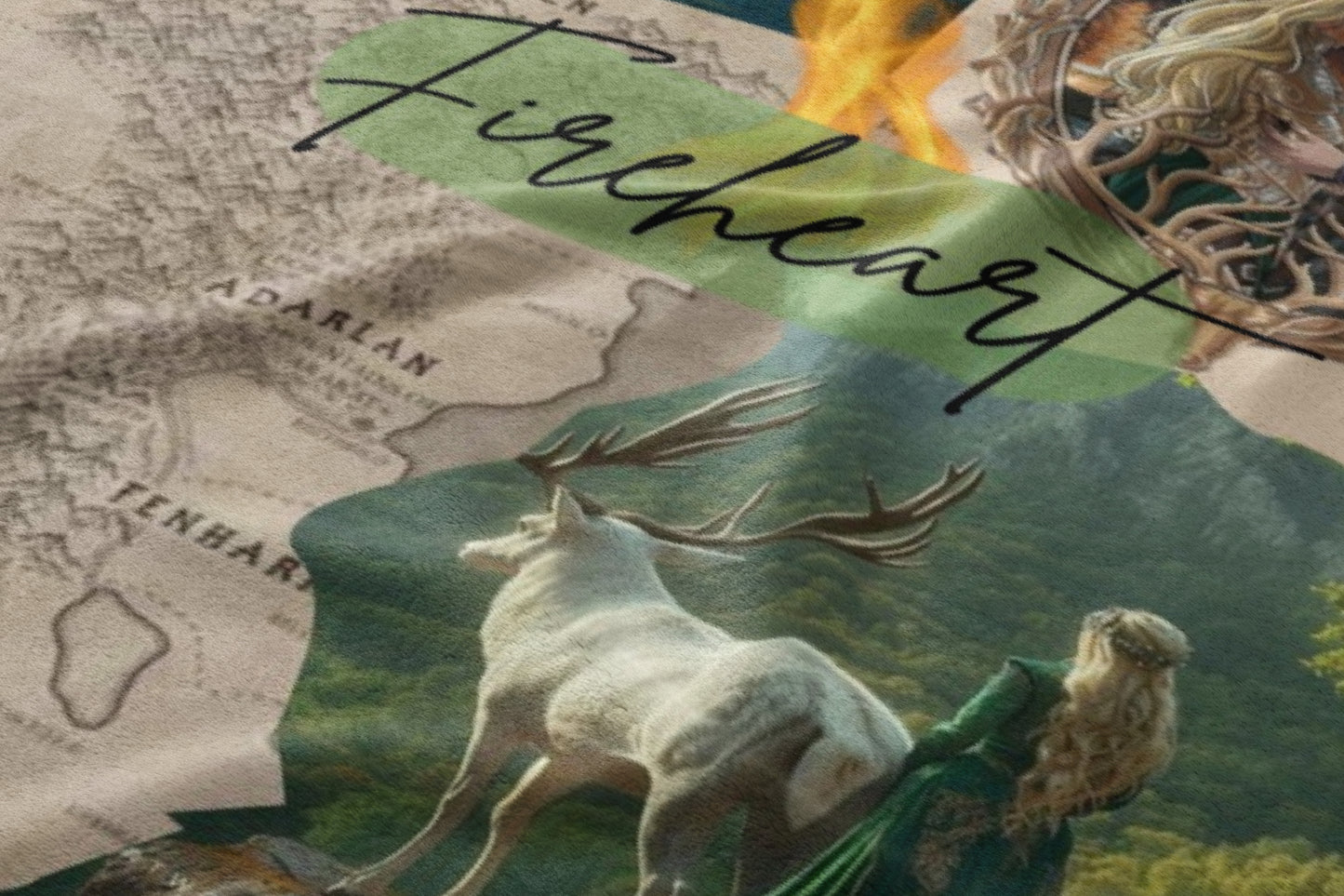 Fantasy art with "Fireheart" text, a white stag and a woman against a map.