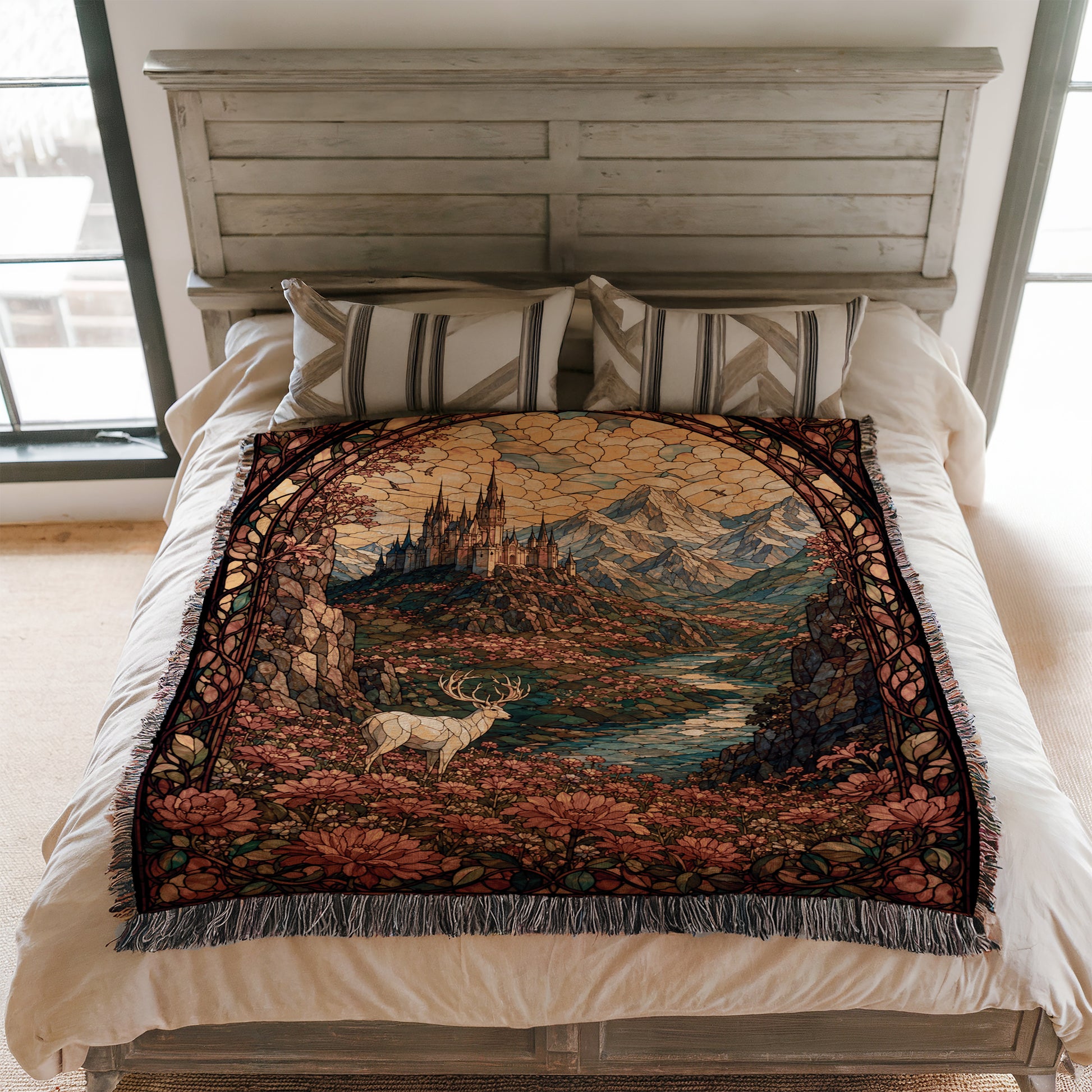 a bed with a large, colorful tapestry or blanket on it. The tapestry depicts a scenic landscape with mountains, a castle, and a deer. The bed is set against a white wall, and there are pillows on the bed.