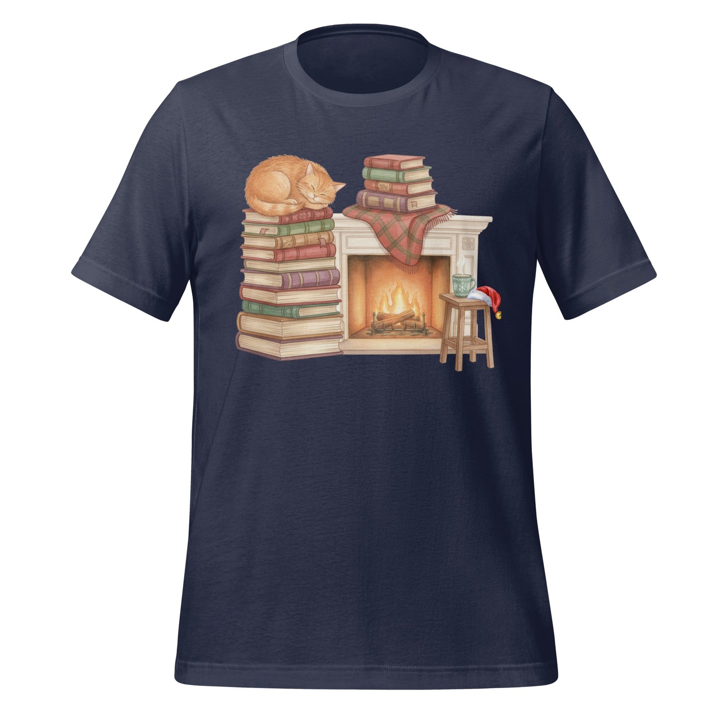 Cozy Cat by Fireplace with Books Graphic T-Shirt