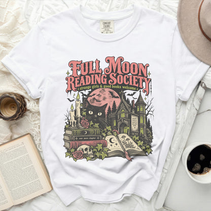 White t-shirt with "Full Moon Reading Society" and spooky graphics.