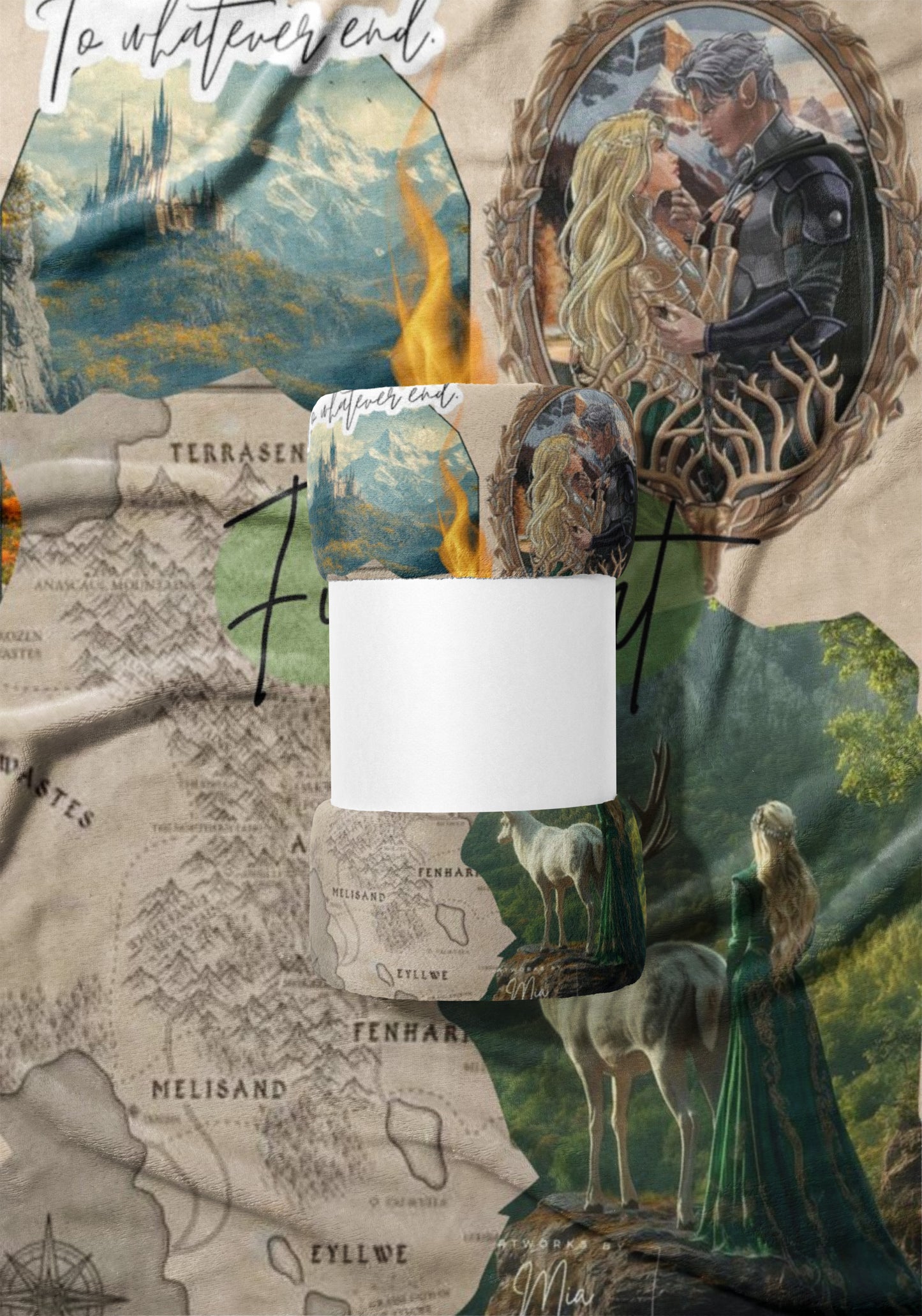 Fantasy collage with elven couple, castle, map, and deer, reads "To whatever end".