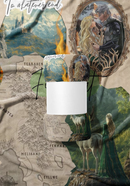 Fantasy collage with elven couple, castle, map, and deer, reads "To whatever end".