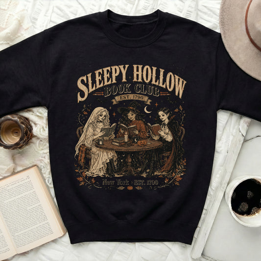 Black sweatshirt with Sleepy Hollow Book Club graphic and est. 1790.