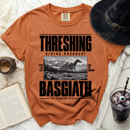 Orange t-shirt with "THRESHING RIDERS QUADRANT BASGIATH THE BONDING SESSIONS" text and dragon graphic.