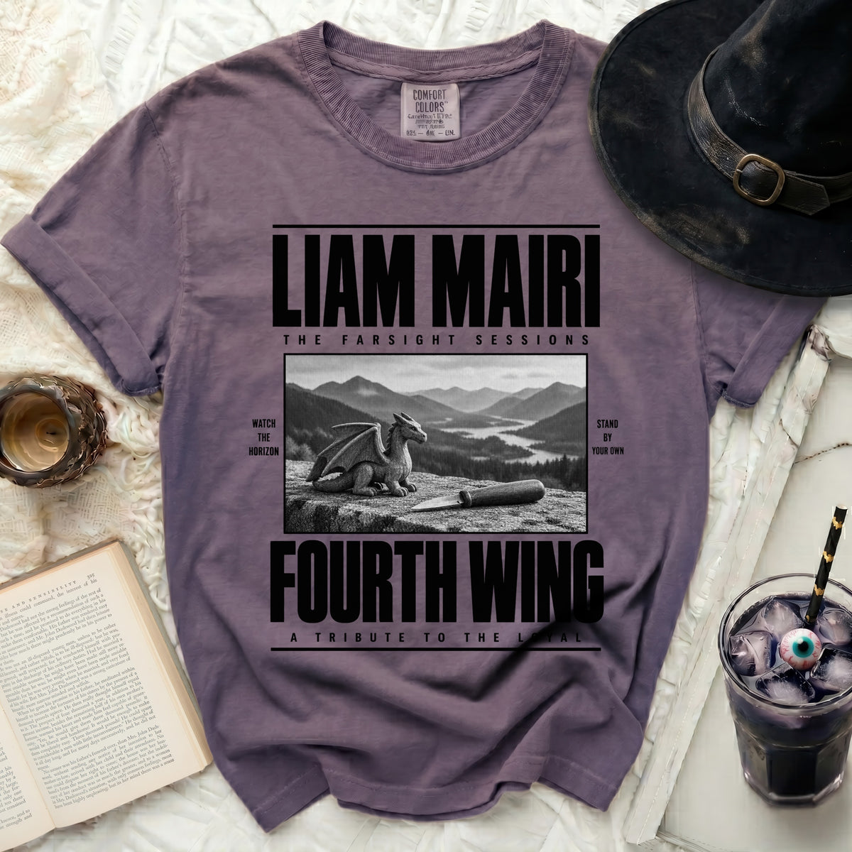 Purple t-shirt with "Liam Mairi Fourth Wing" text and dragon graphic.