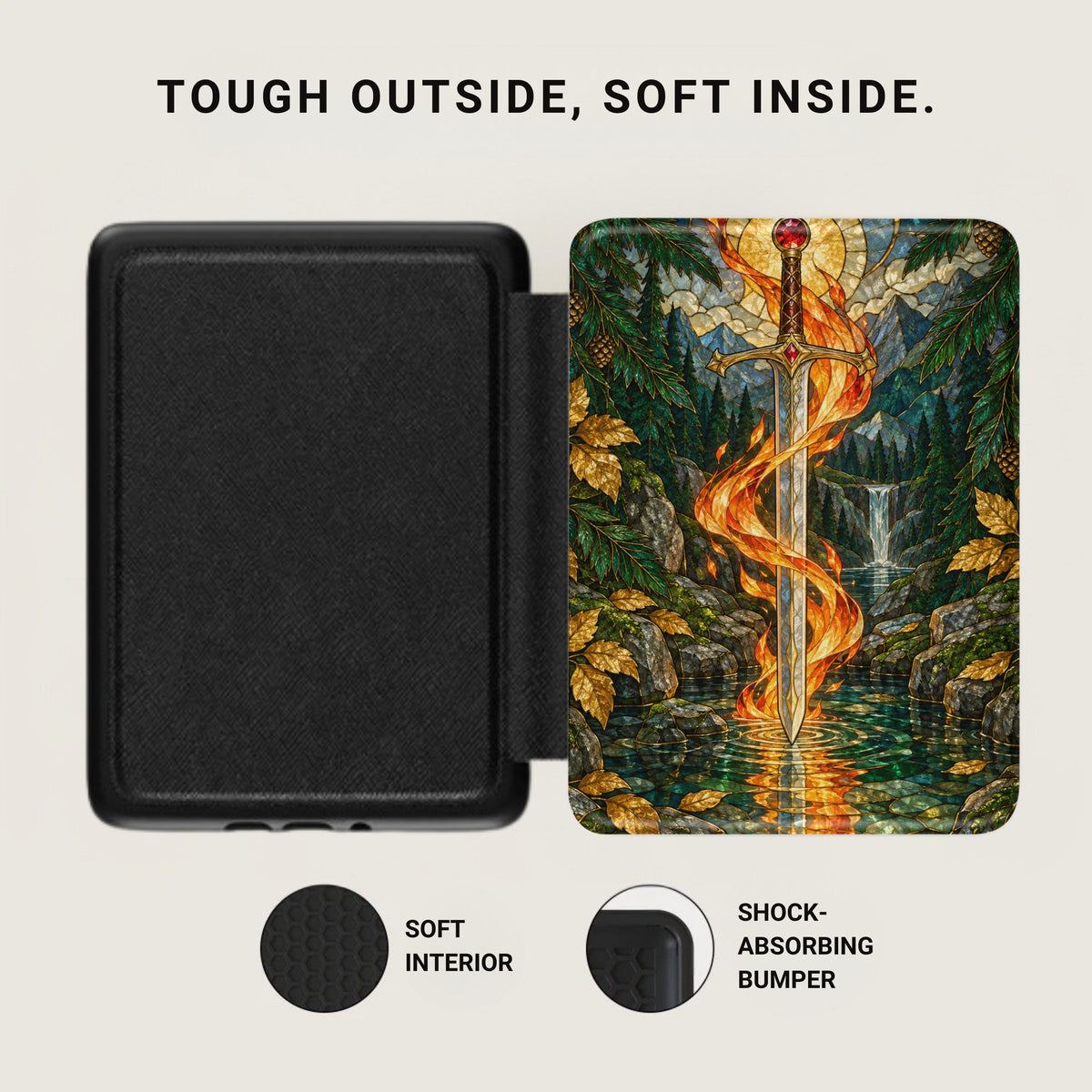 Black case with fantasy sword design, showing soft interior and shock-absorbing bumper.