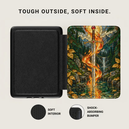 Black case with fantasy sword design, showing soft interior and shock-absorbing bumper.