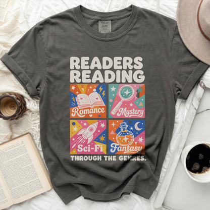Dark grey t-shirt with "Readers Reading Through The Genres" and genre icons.