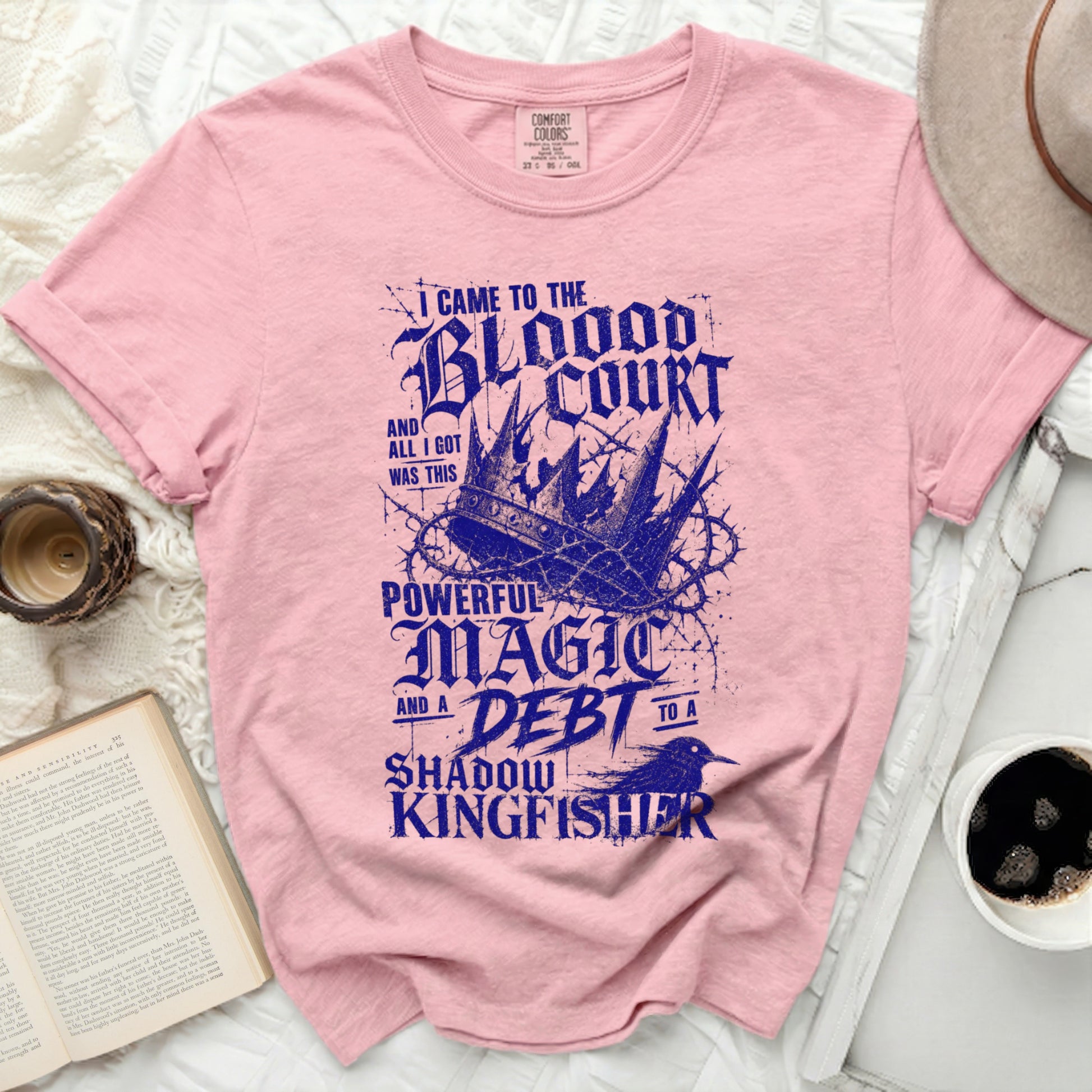 Pink t-shirt with "I came to the Blood Court" and crown graphic.