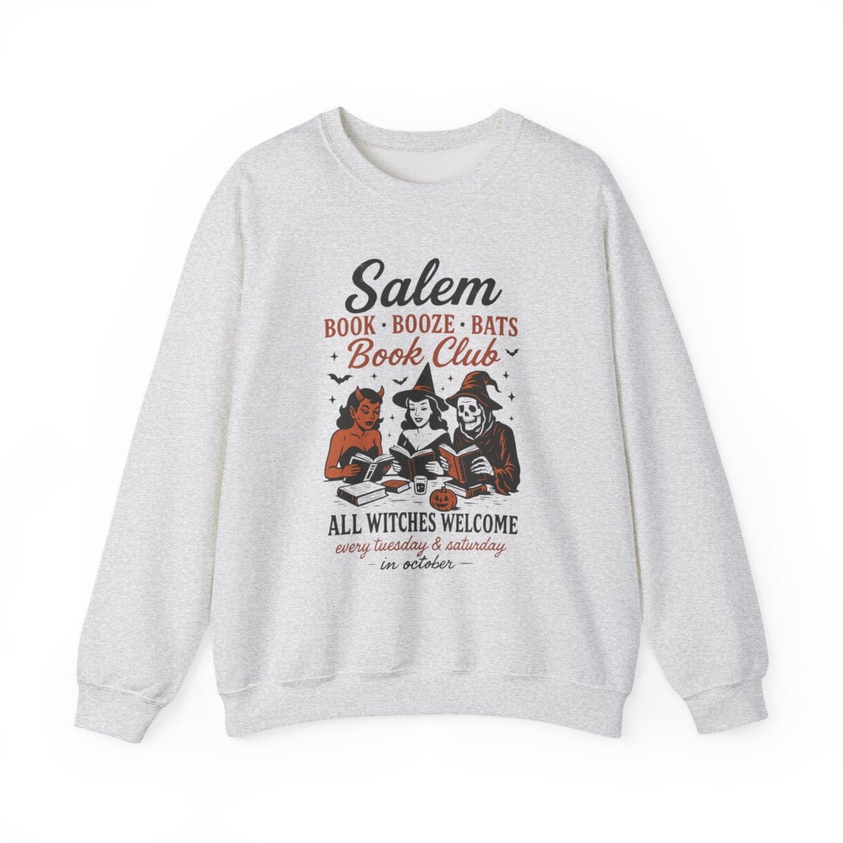 Salem Book Booze Bats Book Club Graphic Print Sweatshirt - MagicMerchEmporium