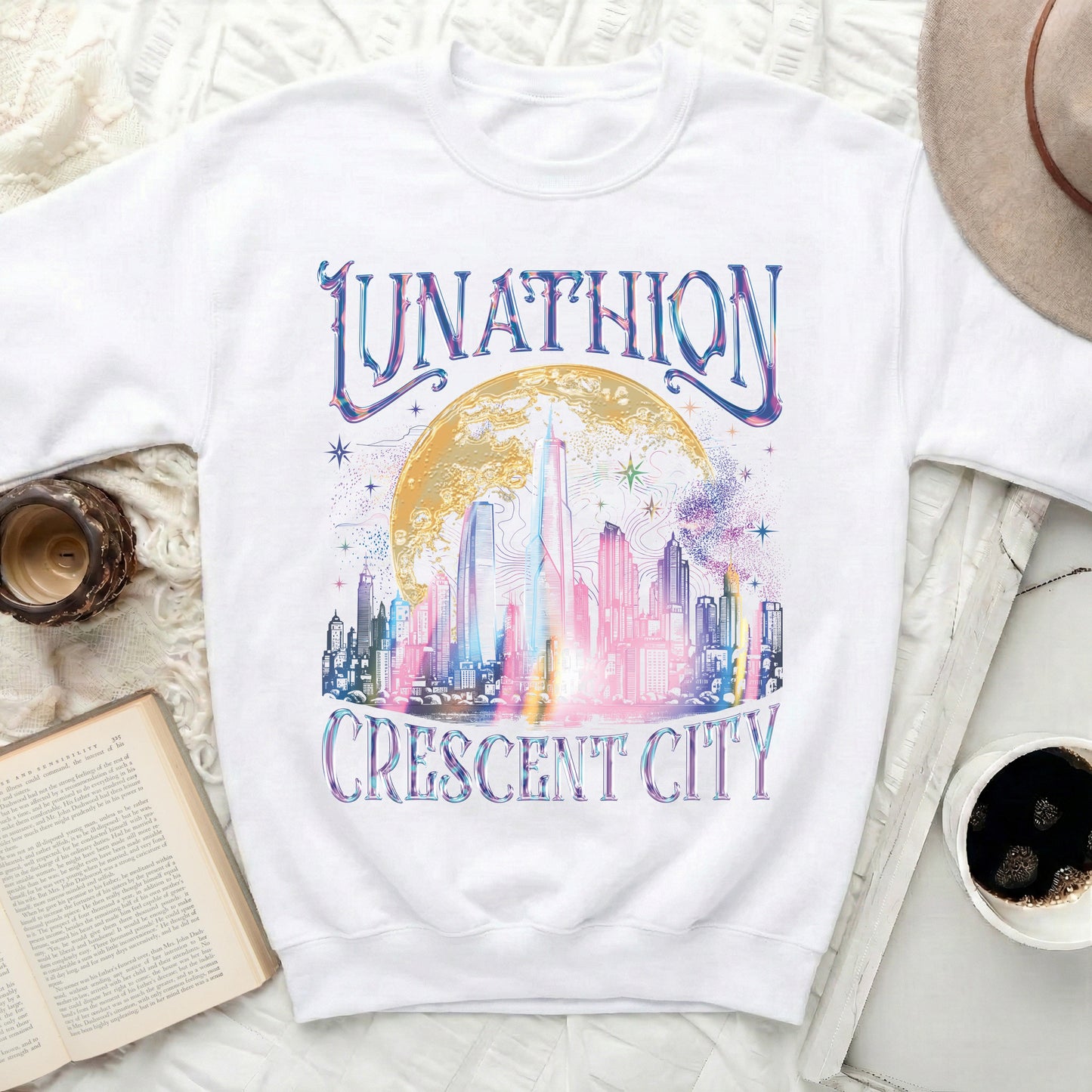 Crewneck sweatshirt with "Junathion Crescent City" cityscape graphic.
